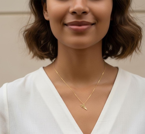 14K Gold Paper Airplane Origami Necklace: Sterling Silver Paper Airplane Necklace Minimalist Jewelry