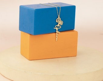 Geburtsblumen-Namenskette – vertikale goldene Blumen-Halskette – zierliche Geburtsblume und Namenskette – personalisierte Halskette – Geburtstagsgeschenk