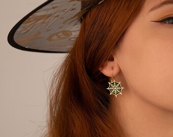 スターリングシルバーのスパイダーウェブイヤリング：ハロウィン