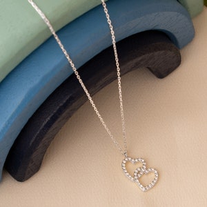 Double Heart Necklace Couple Necklace Diamond Heart Necklace Pave Heart Necklace Couple Jewellery Gift For Her Necklace For Women Silver