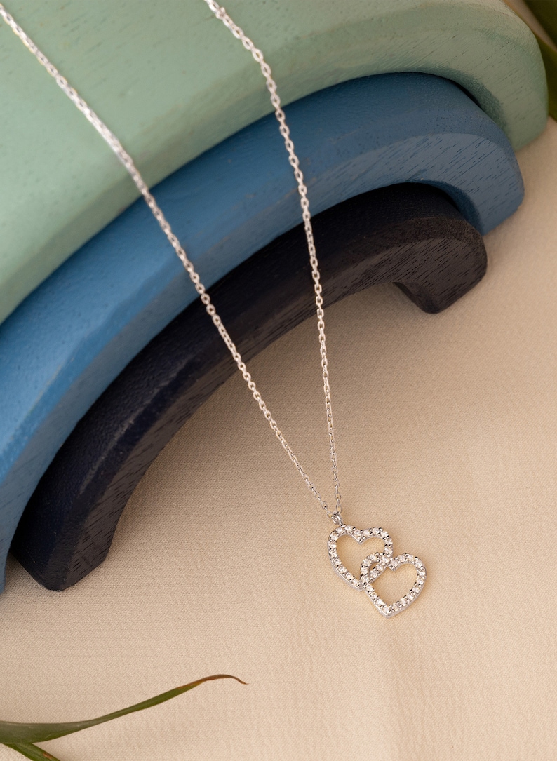 Double Heart Necklace Couple Necklace Diamond Heart Necklace Pave Heart Necklace Couple Jewellery Gift For Her Necklace For Women Silver