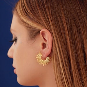 14K Sunburst Earrings Christmas Gift 14K Gold Sunshine Earrings Solid Gold Half Sunbeam Earrings for Women Dainty Celestial Studs image 7