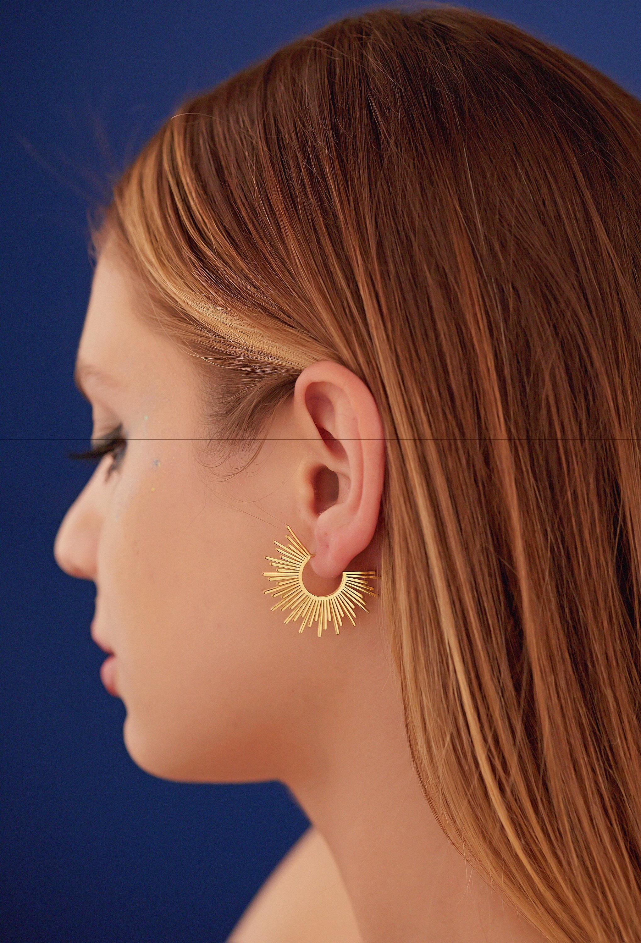 14K Sunburst Earrings Christmas Gift 14K Gold Sunshine Earrings Solid Gold Half Sunbeam Earrings for Women Dainty Celestial Studs
