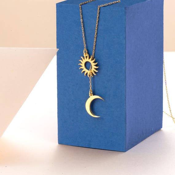 Gold Sun and Moon Necklace, Celestial Y Pendant, Day and Night Lariat Necklace, Astrology Gift for Her, Minimalist Boho Jewelry