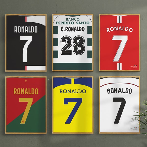 Ensemble de 6 affiches de maillot de football Cristiano Ronaldo - Sporting Lisbonne - Manchester United - Real Madrid - Juventus - Al Nassr - Portugal