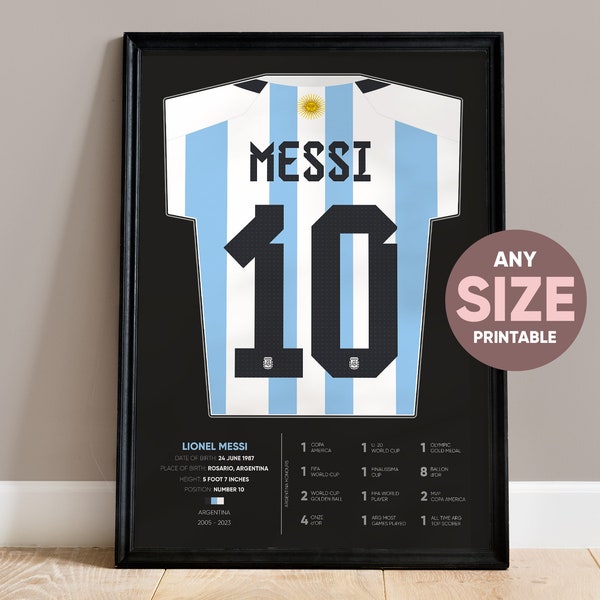 PRINTABLE Messi Argentina World Cup Winner Football Home Shirt Jersey Wall Art Poster, Man Cave Soccer Art, Football Shirt, Instant Download