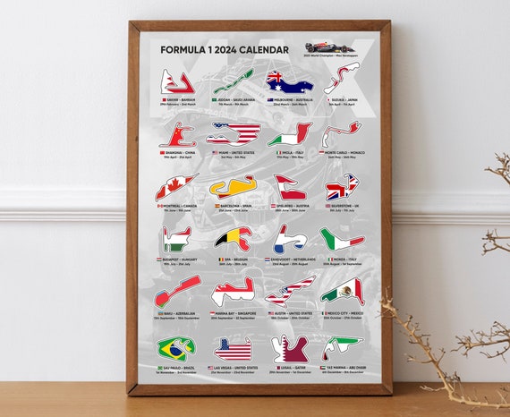 Poster for Sale avec l'œuvre « Calendrier des voitures de course de Formule  2024 circuits nommés » de l'artiste ideasfinder