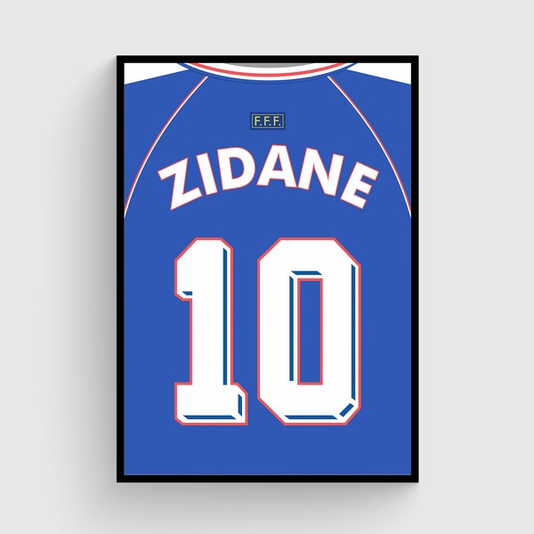 Zidane France 98 Football Shirt Poster - Zidane Wall Art- Football Home Décor - Zidane Poster