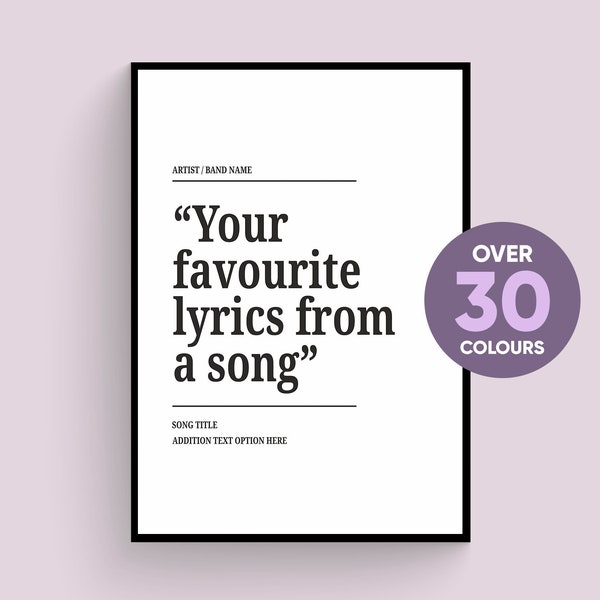 Custom Lyric Print - Your Colour - First Dance - Favourite Song Wall Art Poster - Lyric Poster - Lyric Wall Art - Custom Song Poster