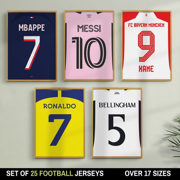 Lot de 25 étoiles du football imprimables - Posters de maillots de football - Messi, Ronaldo, Mbappe, Haaland, Salah, Art mural des meilleurs joueurs de football