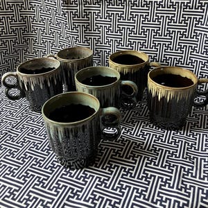 Unique Set of 6 Brown Drip Glaze Stackable Mugs with Muted Green, Blue, White Color Variety | Vintage Made in Japan