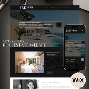 Puede incluir: Un sitio web para una agencia inmobiliaria llamada Freedom Real Estate. El sitio web presenta un diseño moderno con imágenes de casas de lujo y una piscina. El sitio web también incluye una sección sobre la directora de la agencia, Evelyn Rivers.