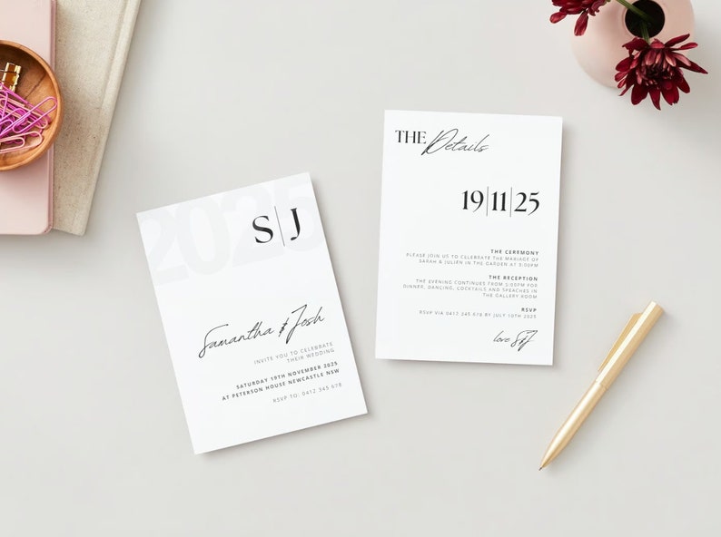 May include: A white wedding invitation with black text. The invitation reads "Samantha & Josh" and includes the date "Saturday 19th November 2023" and the location "at Peterson House Newcastle New". The invitation also includes the initials "SJ" and the date "19 11 25".