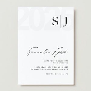 May include: A white wedding invitation with black text. The invitation reads "Samantha & Josh" and includes the date "Saturday 19th November 2025" and the location "Peterson House Newcastle NSW".