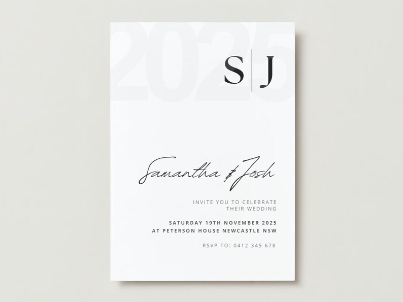 May include: A white wedding invitation with black text. The invitation reads "Samantha & Josh" and includes the date "Saturday 19th November 2025" and the location "Peterson House Newcastle NSW".
