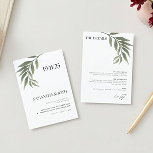 May include: A white wedding invitation with green foliage and the text "19 11 25" and "Samantha & Josh" with the date and location of the wedding.