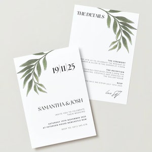 May include: Wedding invitation with a green leafy branch design. The invitation reads "Samantha & Josh" and includes the date "19 11 25" and the text "Invite you to celebrate their wedding. Saturday 19th November 2025 at Peterson House Newcastle NSW. RSVP to: 0412 345 678".