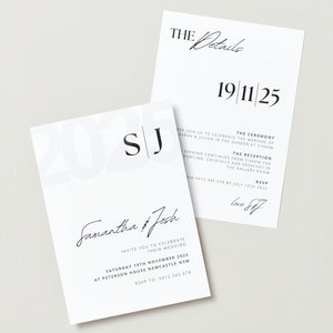 May include: A white wedding invitation with black text. The invitation reads "Samantha & Josh" and includes the date and location of the wedding. The RSVP information is also included.