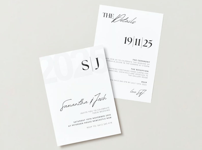 May include: A white wedding invitation with black text. The invitation reads "Samantha & Josh" and includes the date and location of the wedding. The RSVP information is also included.