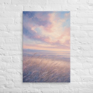 May include: A rectangular canvas print featuring an oil painting of a field of tall grass under a soft, hazy sky at sunset. The scene displays muted shades of pink, lavender, and pale blue, with the grass blades catching the light.