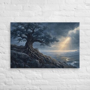 May include: A rectangular wall art print featuring a gnarled, ancient tree with exposed roots clinging to a rocky cliffside. The scene is set under a dark, stormy sky with a single beam of golden sunlight breaking through the clouds over a valley.