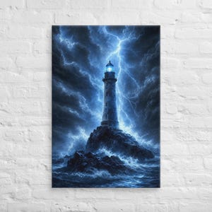 May include: A tall lighthouse stands on a dark, jagged rock formation amidst a turbulent ocean. The scene is illuminated by bright, jagged bolts of lightning striking through heavy, dark blue storm clouds above the crashing waves.