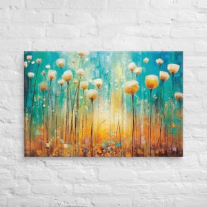 May include: Abstract floral canvas art featuring tall, slender stems with white and yellow flower heads against a backdrop of teal, yellow, and orange hues. The artwork evokes a sense of nature and tranquility, perfect for home decor.