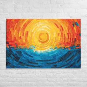 May include: Abstract art print depicting a sunset over the ocean. The artwork features a circular sun in shades of yellow and orange, above a blue ocean. The piece is composed of rectangular shapes.