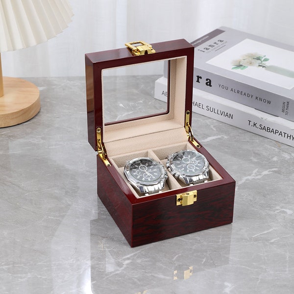 Uhrenbox Uhrenschatulle Uhrenvitrine für 2 Uhren aus Holz im rotbraunen Mahagoni-Look