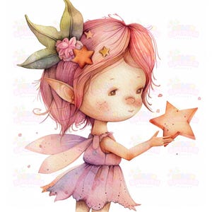 16 dibujos animados extravagantes y soñadores de duendes sosteniendo una estrella / Imágenes prediseñadas de arte mágico de hadas para decoración infantil / Ilustración encantada, alta resolución