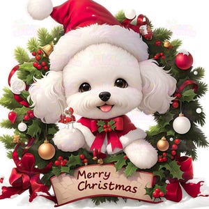 16 Cute Bichon Frise Dog Clipart, Wearing Santa Hat, Holding Merry Christmas Sign, Holly Wreath, Cute Cartoon Vector Sticker, Xmas Dog Art