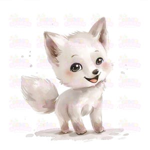 15 Aquarelle minimaliste représentant un bébé renard polaire kawaii souriant et souriant | Illustration de renard blanc rêveur | Parfait pour une décoration de chambre d'enfant