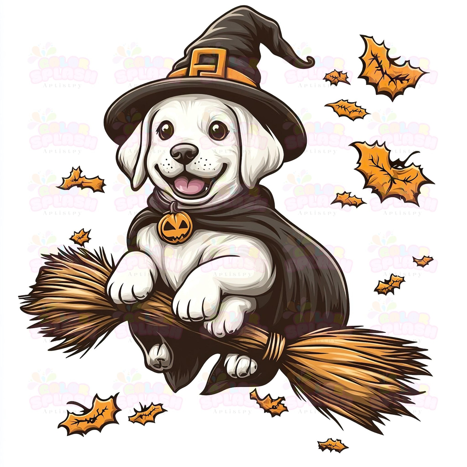 10 Cute White Labrador Dog as Halloween Witch on Broom | Spooky Clipart ...