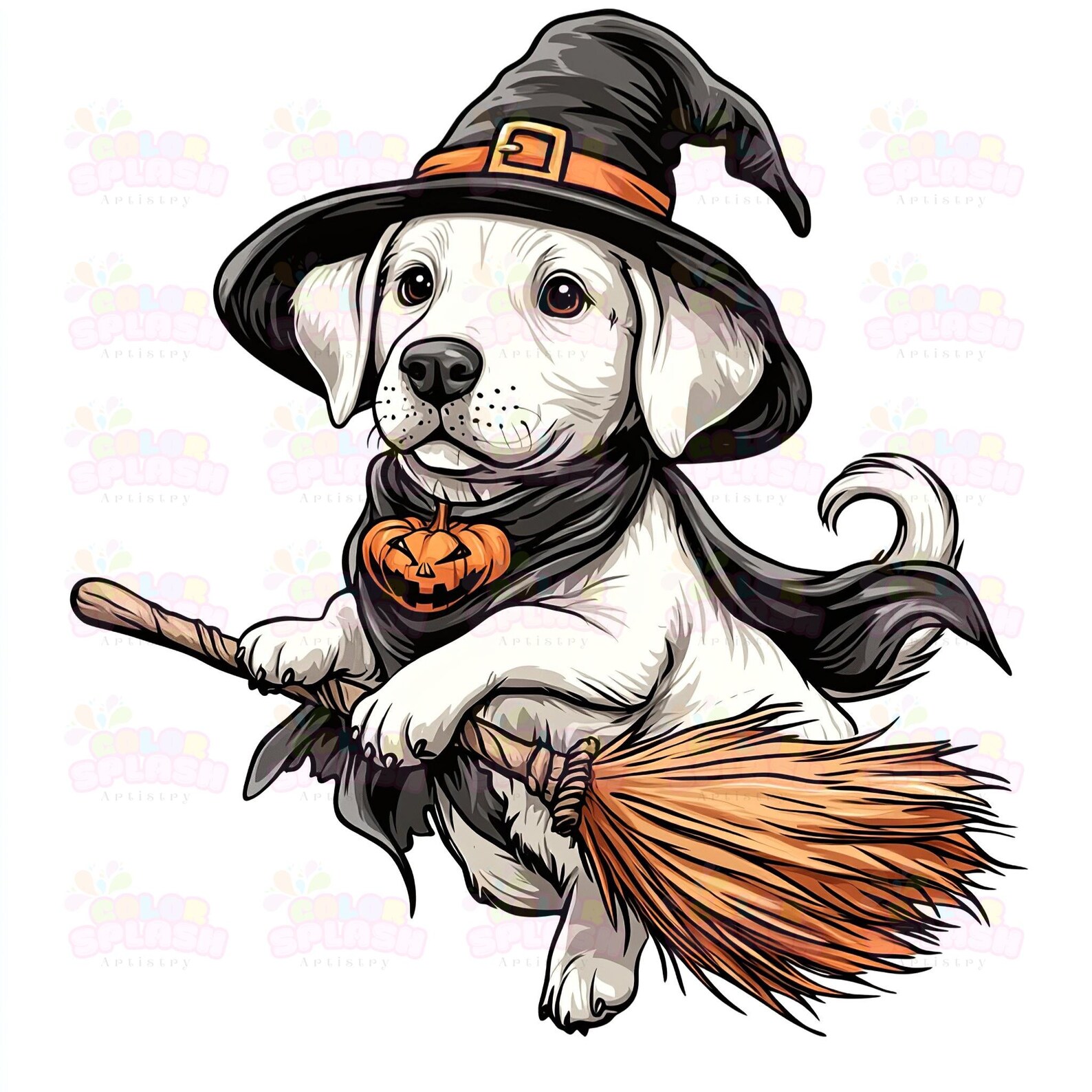 10 Cute White Labrador Dog as Halloween Witch on Broom | Spooky Clipart ...