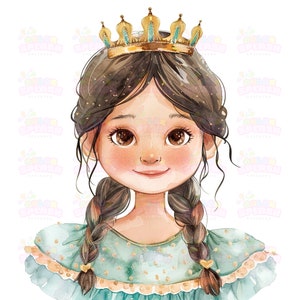 12 kind prinses aquarel illustratie, schattige prinses tiara, sprookjesachtige kinderdecoratie, grillige kinderkamerkunst, fantasie prinses illustratie
