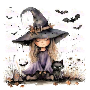 13 Sorcière lunatique avec chat noir et chauves-souris, Clipart aquarelle, Art de sorcière mignon, décoration d'Halloween, Illustration de sorcière fantastique, Art de sorcière fantasmagorique
