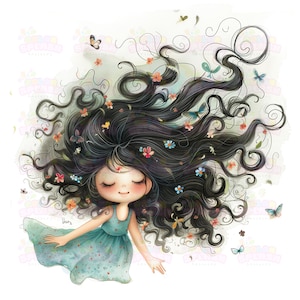 16 Wunderlich Aktive Mädchen Clipart | Schwarzes Lockiges Haar, das mit dem Wind fliegt | Fun Digital Art für Kunsthandwerk & Projekte, hohe Auflösung