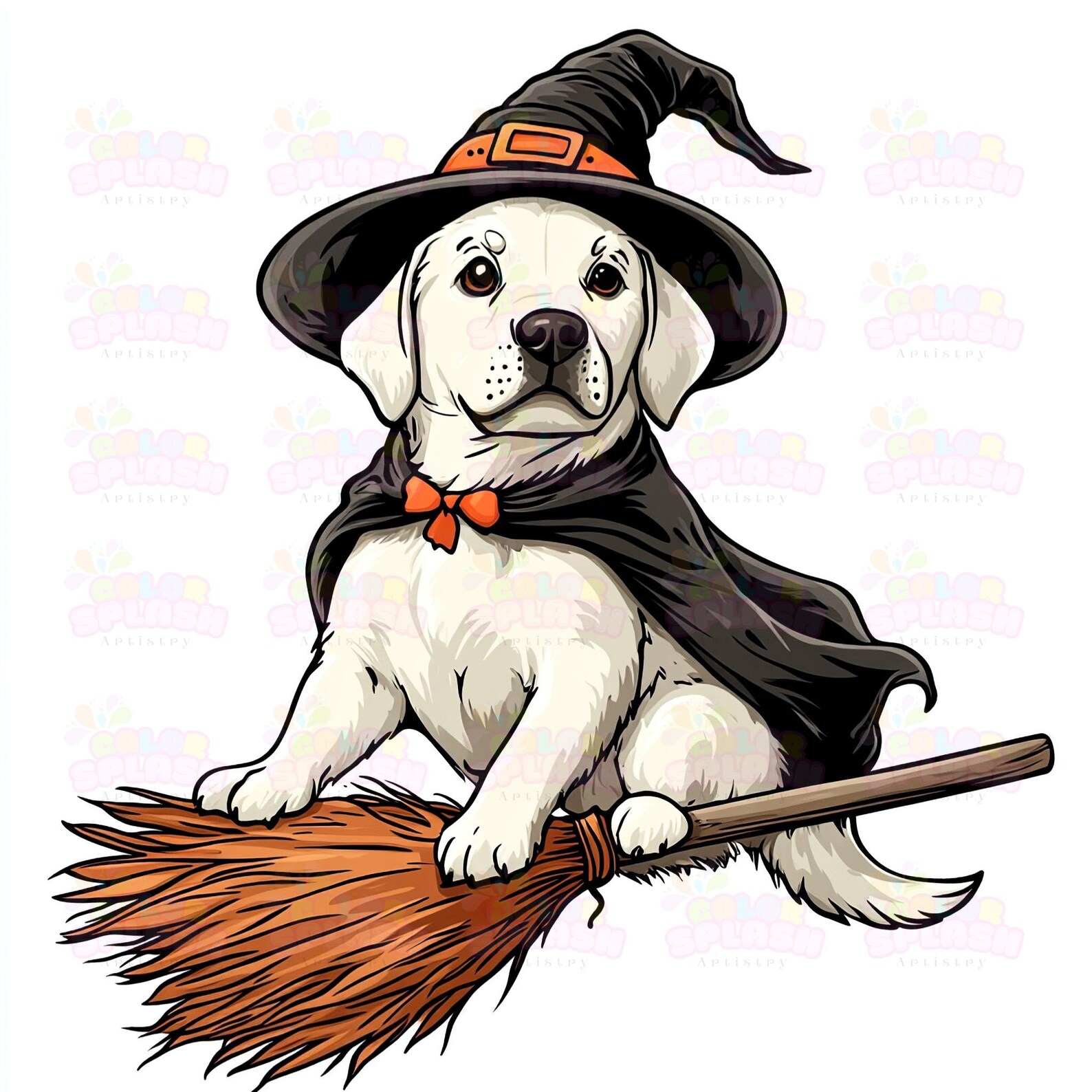 10 Cute White Labrador Dog as Halloween Witch on Broom | Spooky Clipart ...