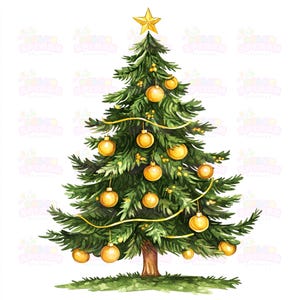 19 Clipart di alberi di Natale gialli / Illustrazione vettoriale ad acquerello ad alta risoluzione su sfondo bianco / Decorazioni per le feste