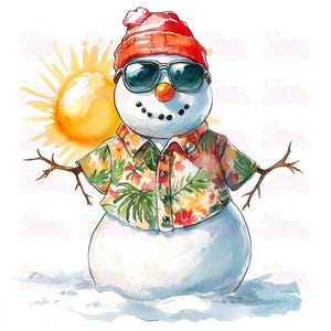 15 Whimsical Watercolor Snowman Clipart in Hawaiian Shirt & Sunglasses | Tropical Winter Art | Don Bluth Style Decor, High Resolution