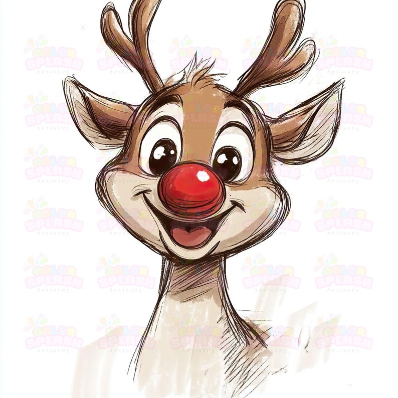 19 Adorable Hand-drawn Rudolph the Red Nose Reindeer Clipart | Cute ...