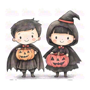 20 bambini vestiti da vampiri Clipart / Arte kawaii di Halloween "dolcetto o scherzetto" / Illustrazione carina ad acquerello per decorazioni di Halloween