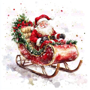 16 Clipart de Trenó de Natal - Papai Noel de Desenho Animado em Estilo Aquarela | Decoração Festiva de Férias | Arte do País das Maravilhas do Inverno, Alta Resolução