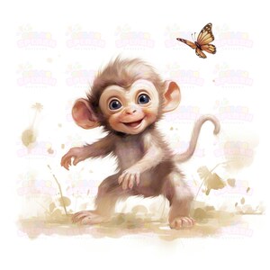 12 adorables bébés singes aquarelles chassant des papillons - Joli imprimé animal pour décoration de chambre d'enfant, couleurs neutres