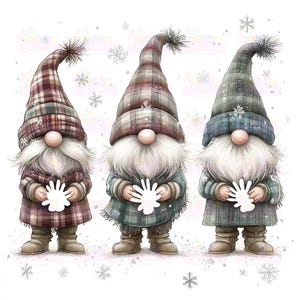 16 drie schattige kabouters-clipart | Verschillende geruite hoeden en sjaals met handafdrukken van sneeuwvlokken | Winterdecor