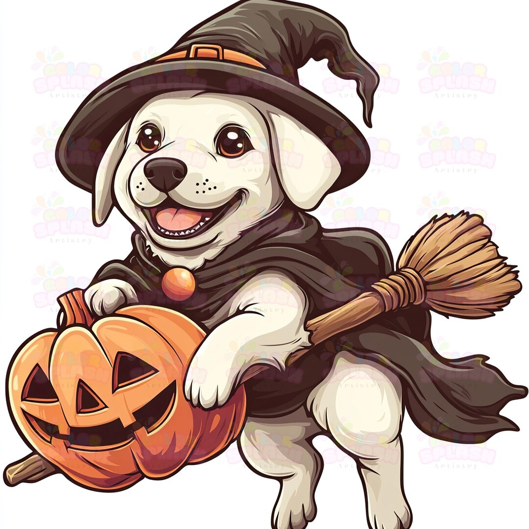 10 Cute White Labrador Dog as Halloween Witch on Broom | Spooky Clipart ...