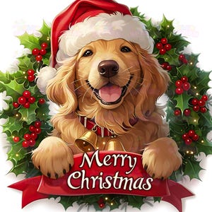 17 Cute Golden Retriever Dog Clipart, Wearing Santa Hat, Holding Merry Christmas Sign, Holly Wreath, Cartoon Vector Sticker, Holiday Art