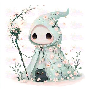 14 Kawaii Chibi Hexen Kunst | Pastell Blumen-Hexe mit Katze | Niedliches magisches Dekor | Skurrile Illustration mit leuchtenden Blüten