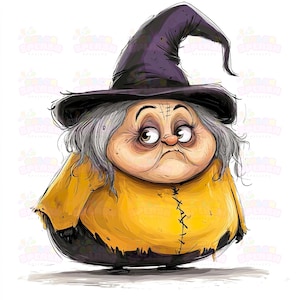 16 Funny Whimsical Witch Clipart - Elderly Fat Witch in Tattered Outfit | Cute Cartoon Digital Art for Halloween Decor