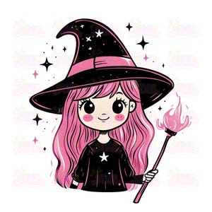 13 Cute Hand-Drawn Witch Illustration in Pink Theme | Whimsical Halloween Art Print for Witchy Decor